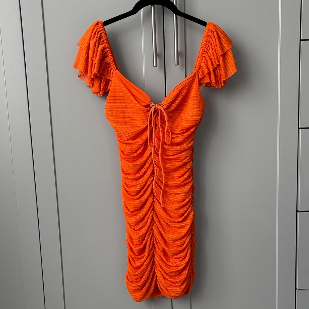 Zara Vibrant Orange Ruched Mini Dress NWT